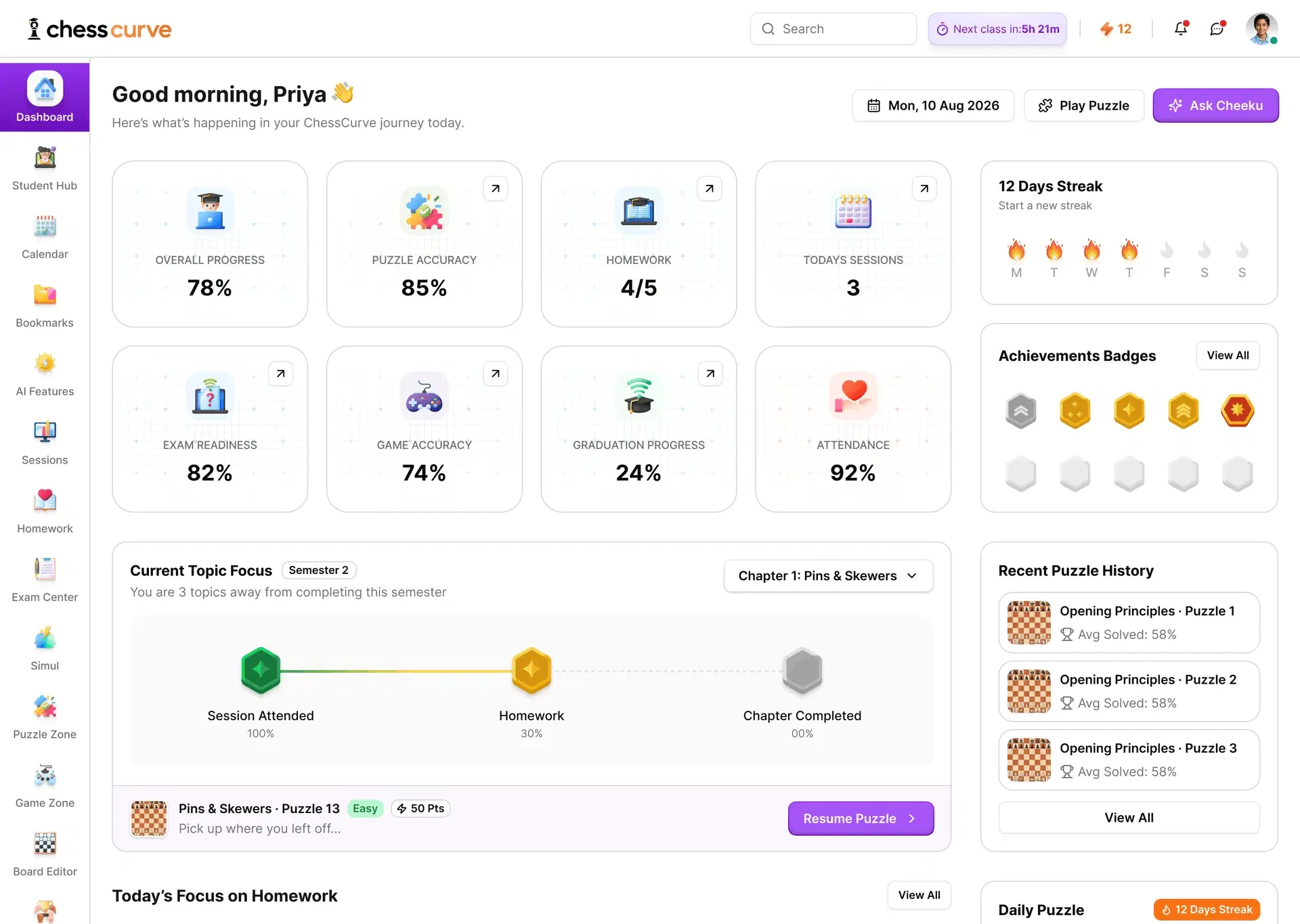 ChessCurve AI classroom — Dashboard