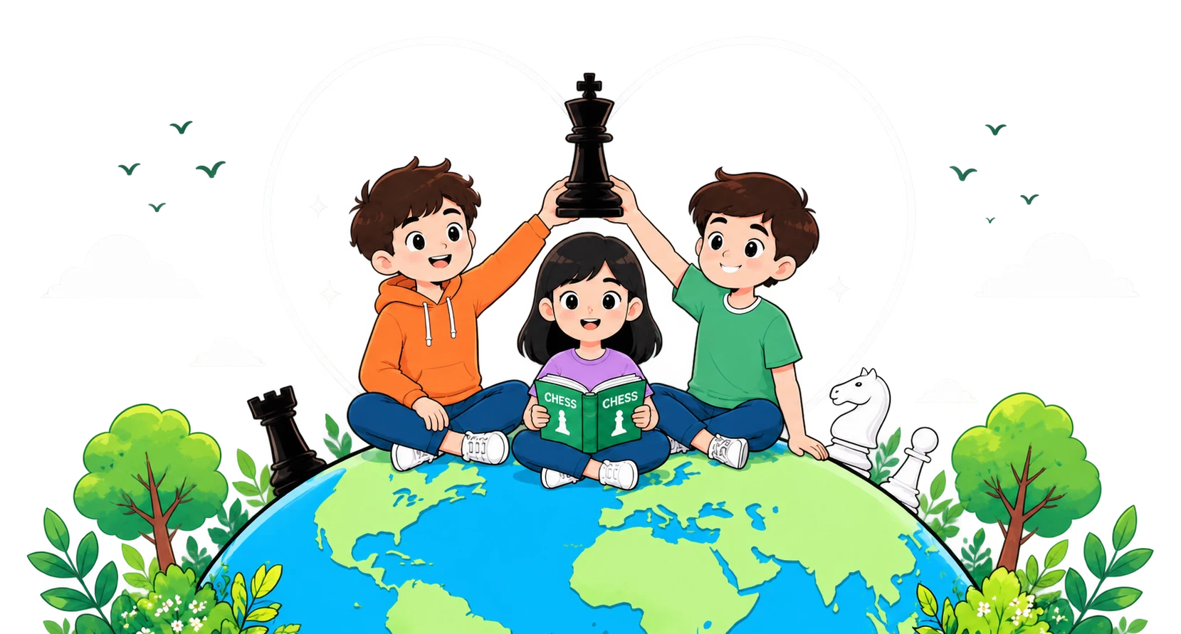 ChessCurve Foundation kids celebrating together on a globe